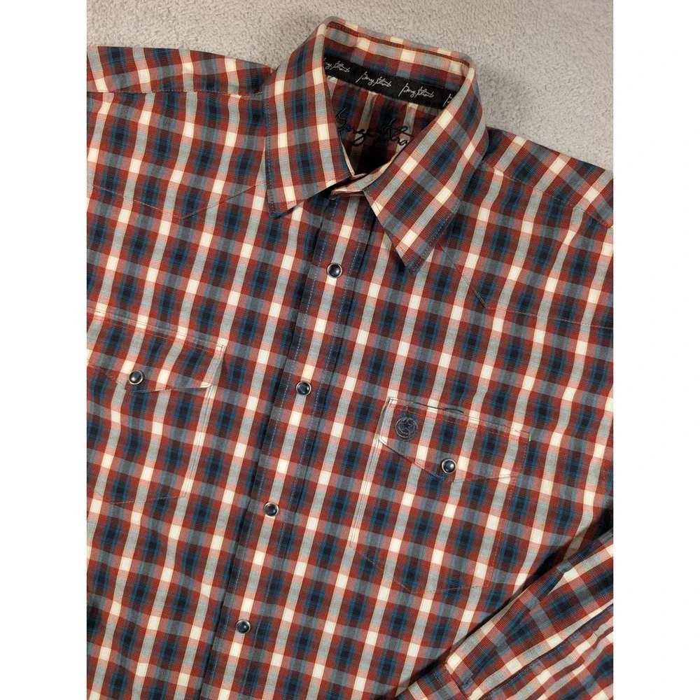 George Strait Wrangler Mens Plaid Western Snap Shirt Red Blue‎ M MGX314